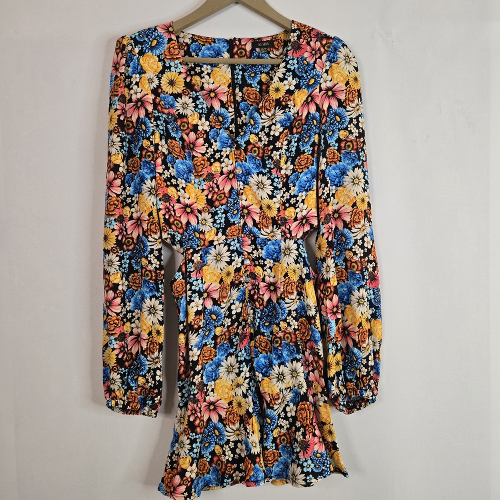 AFRM Women Size XS Floral Long Sleeve Cut-Out Ruffle Mini Dress